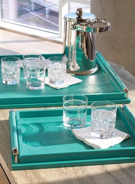 乳白色烤漆木质托盘茶盘简约家居摆设酒店黑色软装饰品样板间摆件