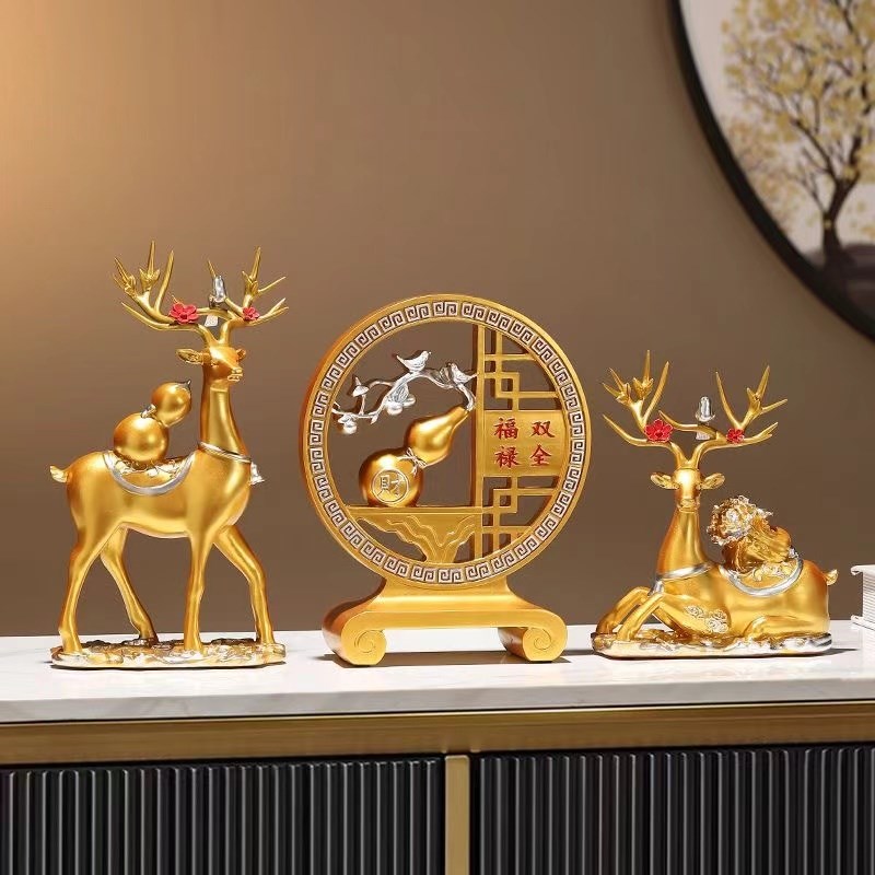 福禄双全招财鹿摆件喜柿葫芦客厅玄关家居酒柜装饰品乔迁新居礼品