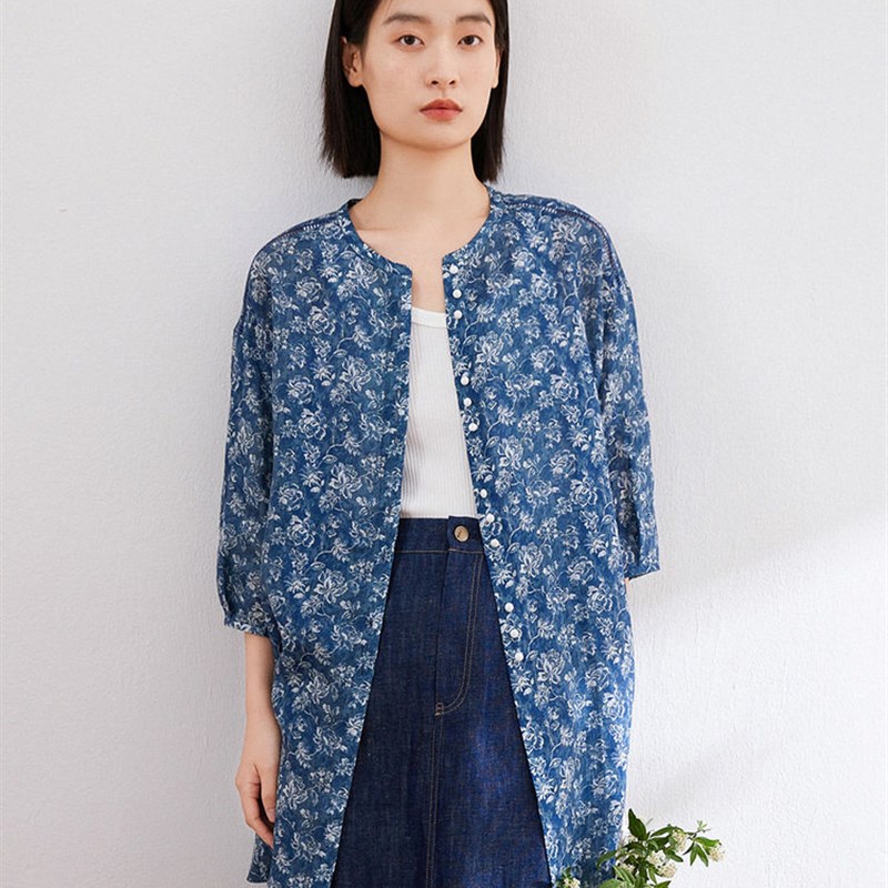 蒲PUKKA 春p夏季新品覆古苎麻印花刺绣七分袖衬衫