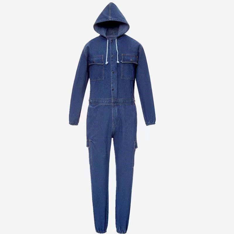 牛仔连体衣工作服男套装春秋季耐磨电焊工汽修喷漆防尘劳保服
