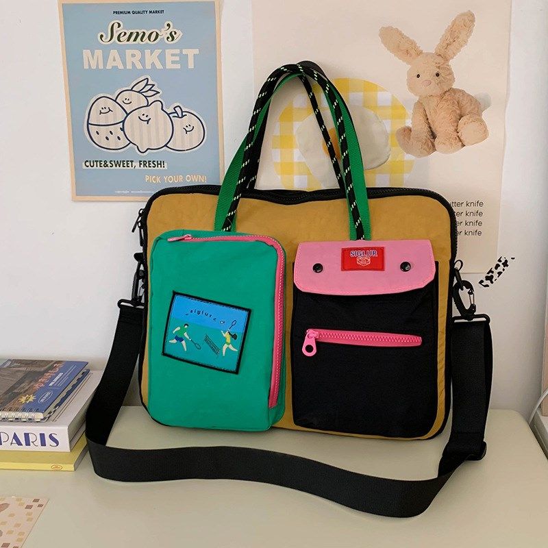 多色撞色多巴胺拼色大容量手提电脑包个性学生便捷书包单肩平板包