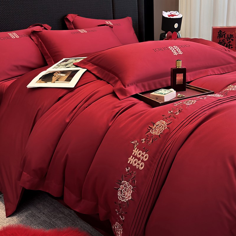 高级感中式红色四件套结婚被套纯棉床单简约喜被婚嫁新婚床上用品