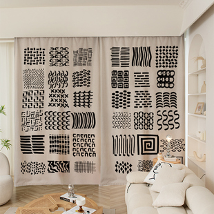 手绘涂鸦简约线条定制粗麻长帘个性卧室客厅挂钩遮光打孔窗帘布