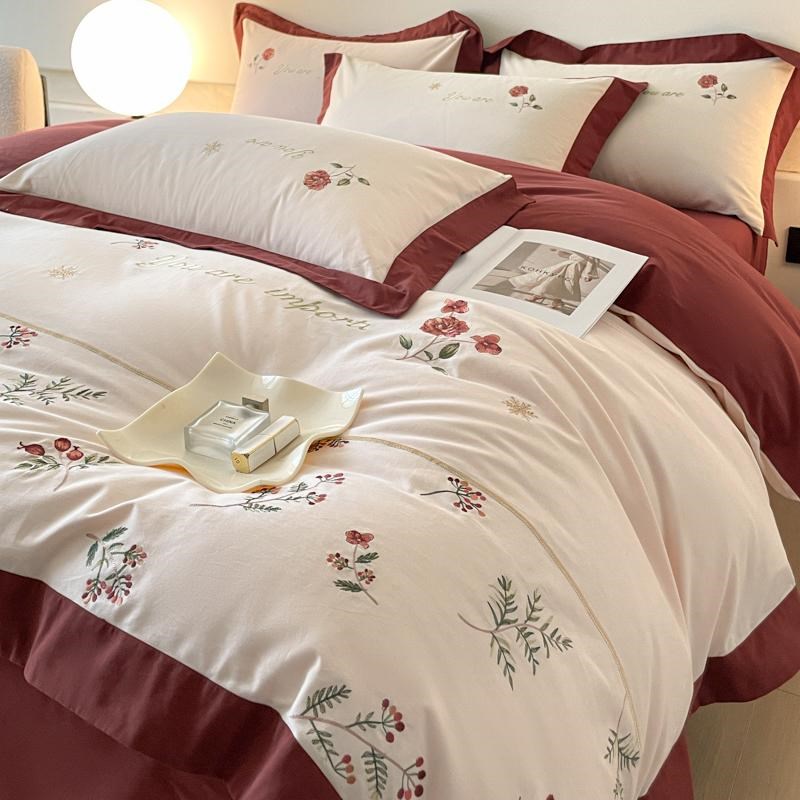 母婴级A类200支加厚四件套全棉磨毛花卉刺绣被套床单床上用品