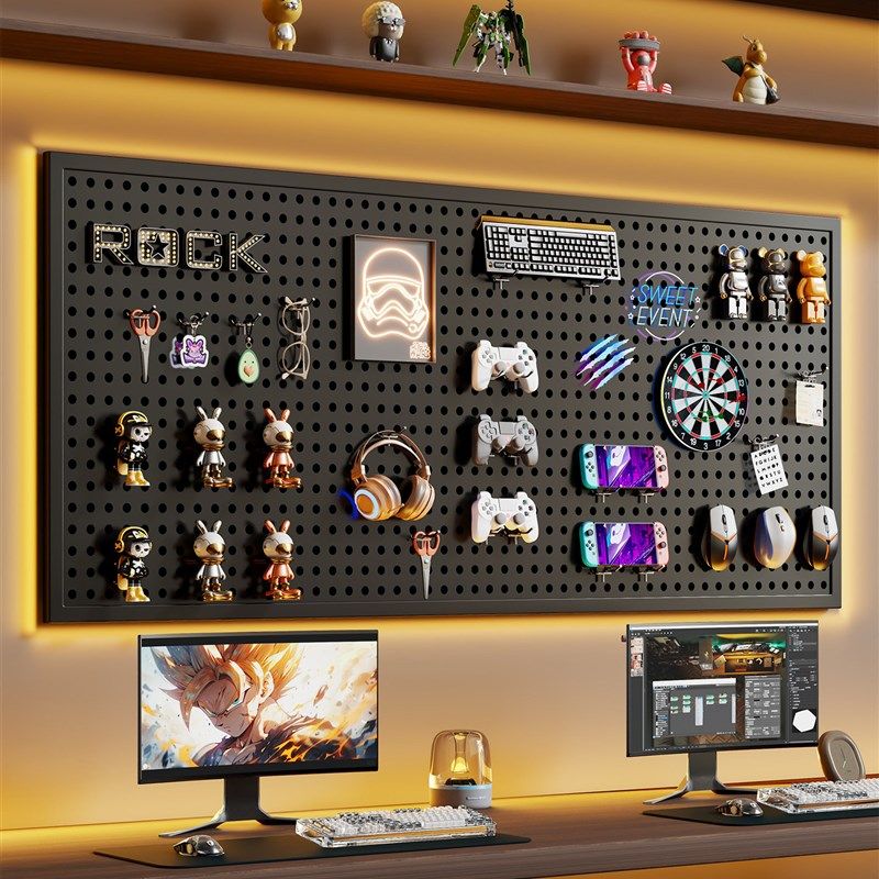 电竞房洞洞板置物架电脑桌墙面隔板黑色墙上收纳挂板耳机展示架子