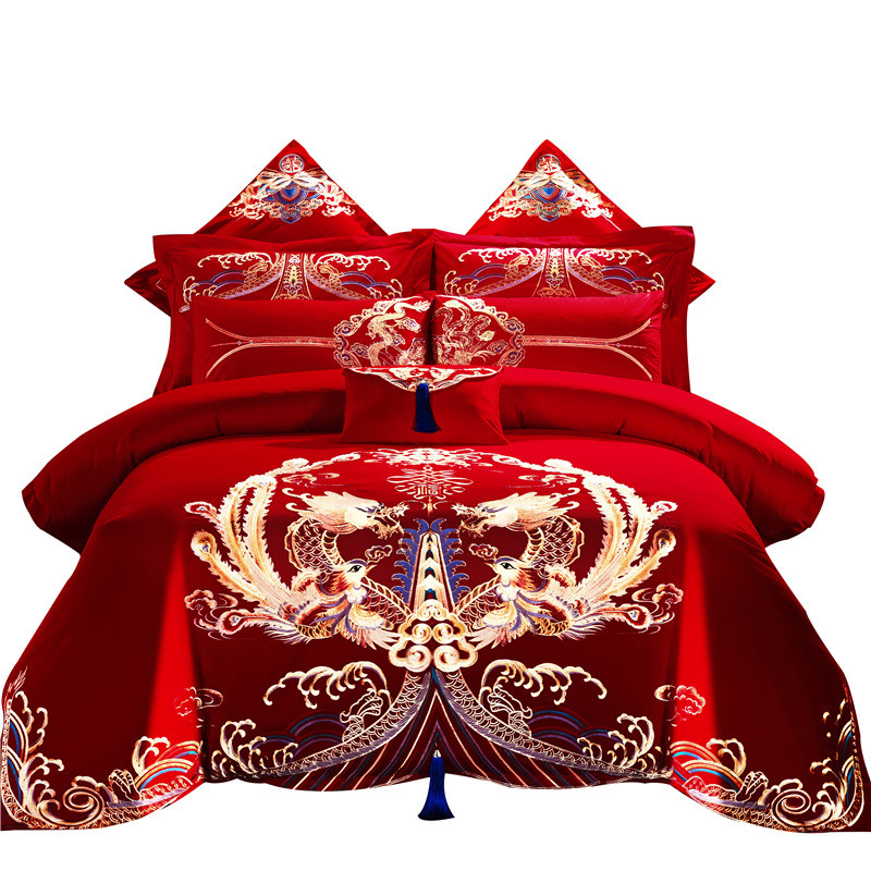 婚庆四件套大红色全棉刺绣结婚床上用品喜被套床单六件套床品