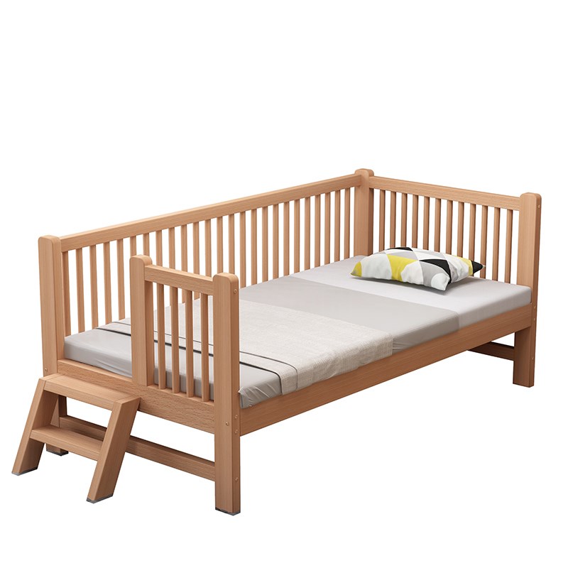 实木单人儿童床带护栏可储物小床定制榉木宝宝婴儿床拼接大床加宽