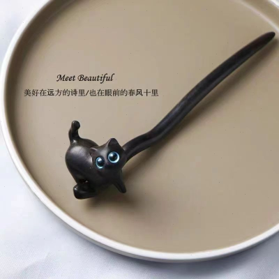 黑檀木发簪古风盘发簪子简约现新中式俏皮猫咪发饰木簪汉服旗袍