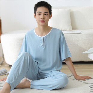 青少年宽松休闲简约短裤 男士 短袖 睡衣夏季 U大童家居服套 棉绸薄款