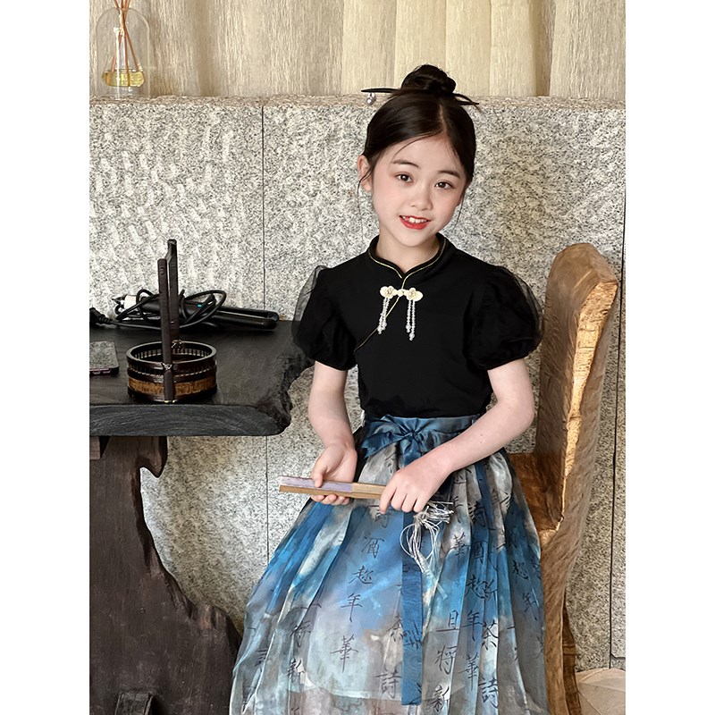 女童汉服套装2025夏季新款儿童新中式短袖上衣长T裙子马面裙两件