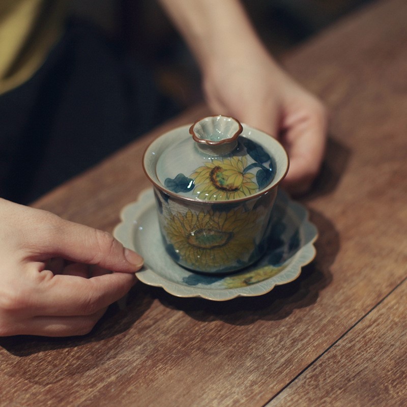 宋青书院《秋菊》冰裂釉三才盖碗釉下手绘开片裂纹釉茶碗青釉茶具