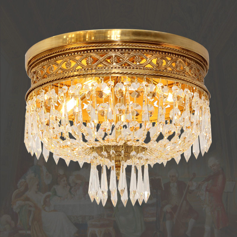 法式全铜水晶吸顶灯欧式奢华大气别墅阳台灯具卧室过道走廊铜灯