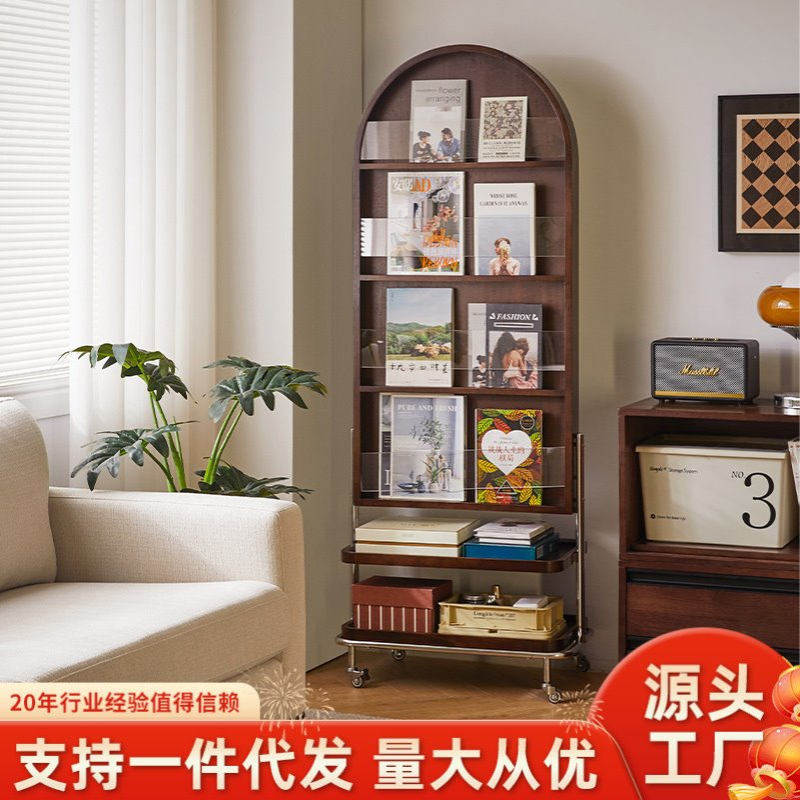 可旋转全身镜家用实木落地镜卧室穿衣镜中古收纳杂志架一体镜子