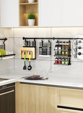 不锈钢厨房置物架壁挂式免打孔黑色调料碗碟刀版锅盖收纳架直销