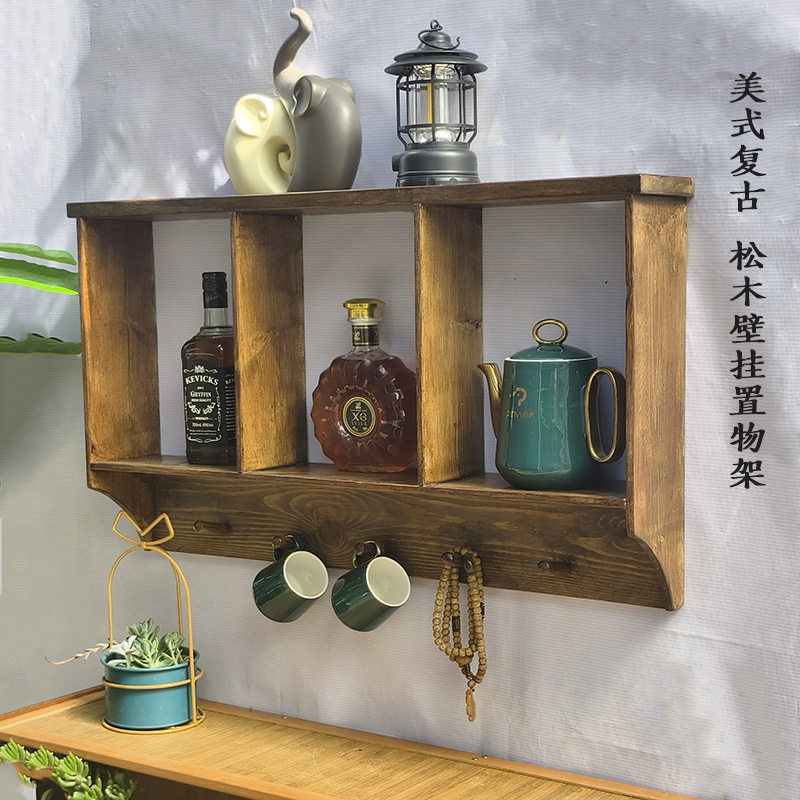 复古风壁柜式实木置物架 墙上展示架 客厅玄关酒架 创意实木置物