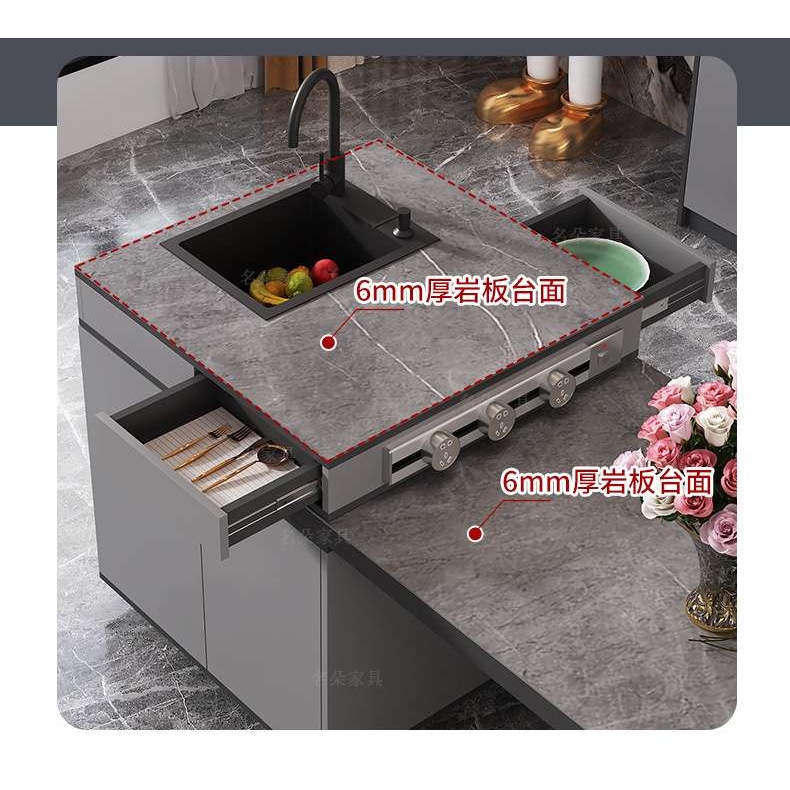 岩板岛台餐桌一体可伸缩轻奢现代家用灰色导台桌子茶桌吧台5E3-1