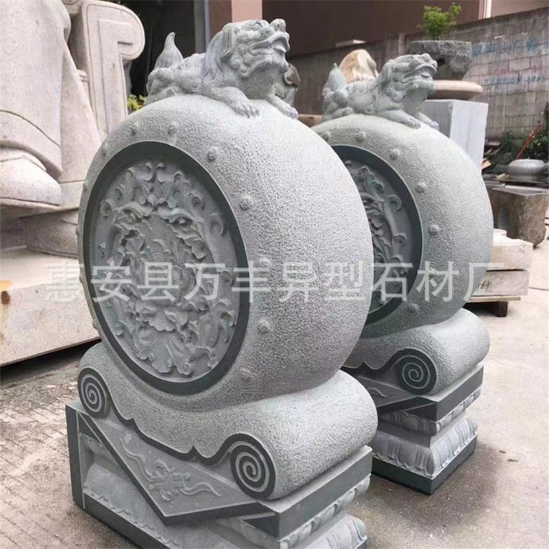 石雕抱鼓石青石汉白玉门口仿古石鼓石墩芝麻黑花岗岩石头爆鼓石