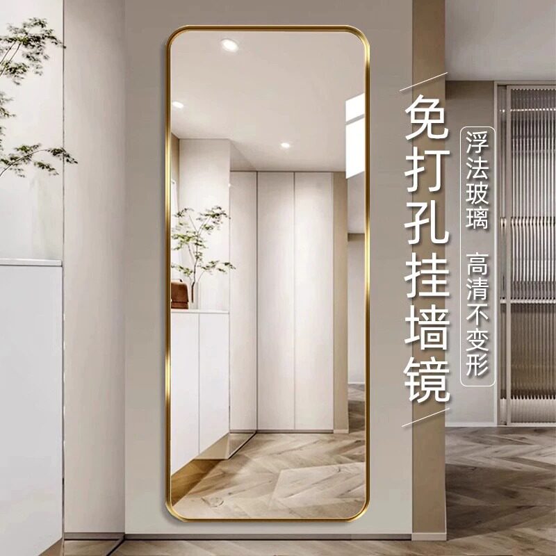 铝合金框镜子落地全身穿衣镜家用卧室墙面免打孔壁挂式玻璃试衣镜