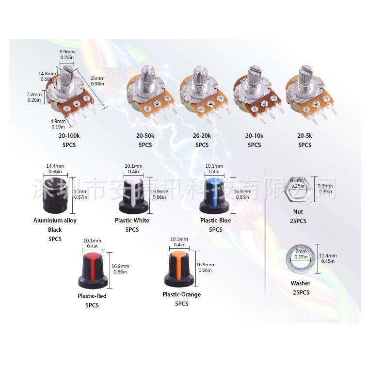 75个电位器B5K B10K B20K B50K B100K欧姆滚花轴单线性旋转电位器