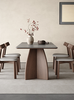 ?实木岩板餐桌现代简约胡桃色饭桌家用意式极简灰色长方形岩板餐