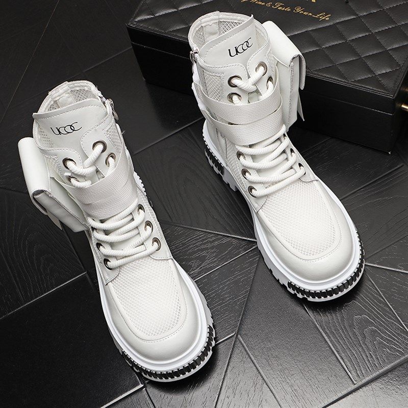 白色马丁靴男薄款高帮鞋新款中筒机车靴子内增高男士夏季镂空短靴