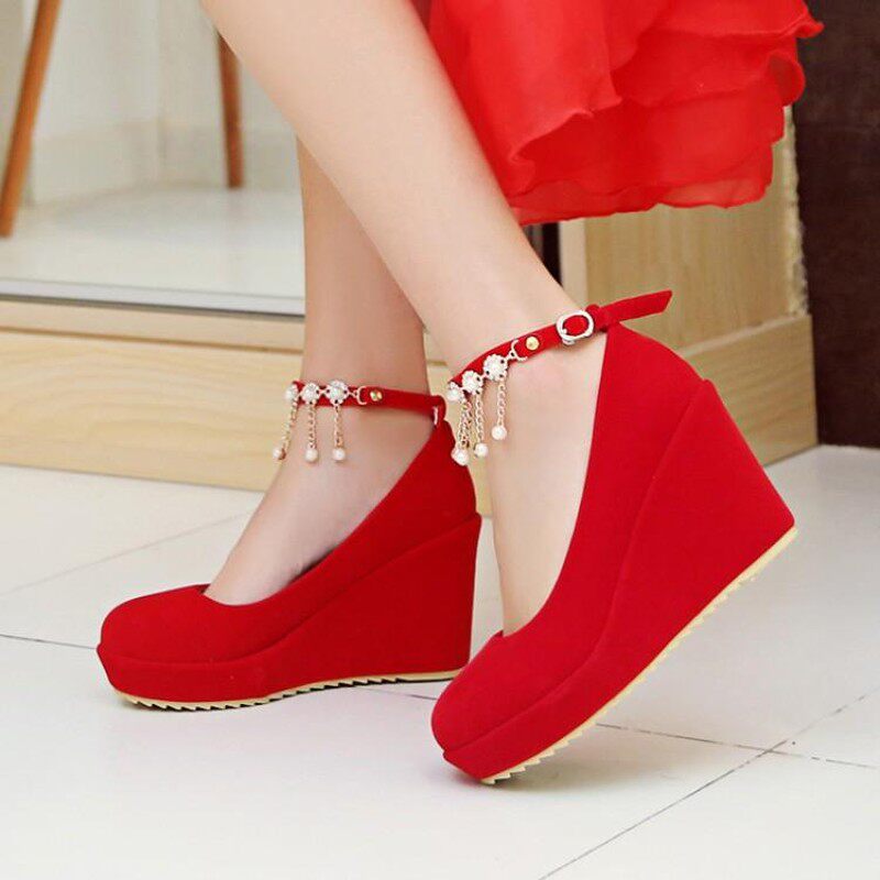 红色新娘鞋春秋季孕妇结婚鞋坡跟5厘米8厘米鞋跟单鞋高跟女鞋婚礼