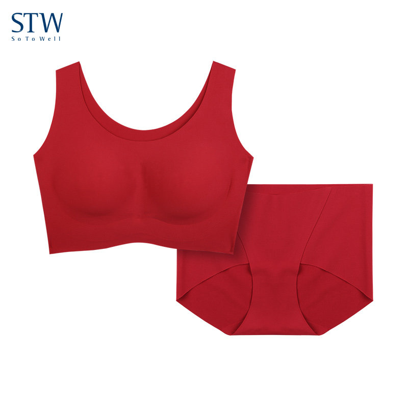 STW大红色内衣套装女本命年结婚新娘无痕无钢圈薄款聚拢文胸内裤