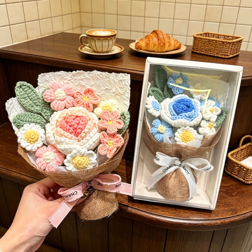 成品母亲节礼物送妈妈永生彷真玫瑰花束闺蜜生日礼物手工毛线钩织