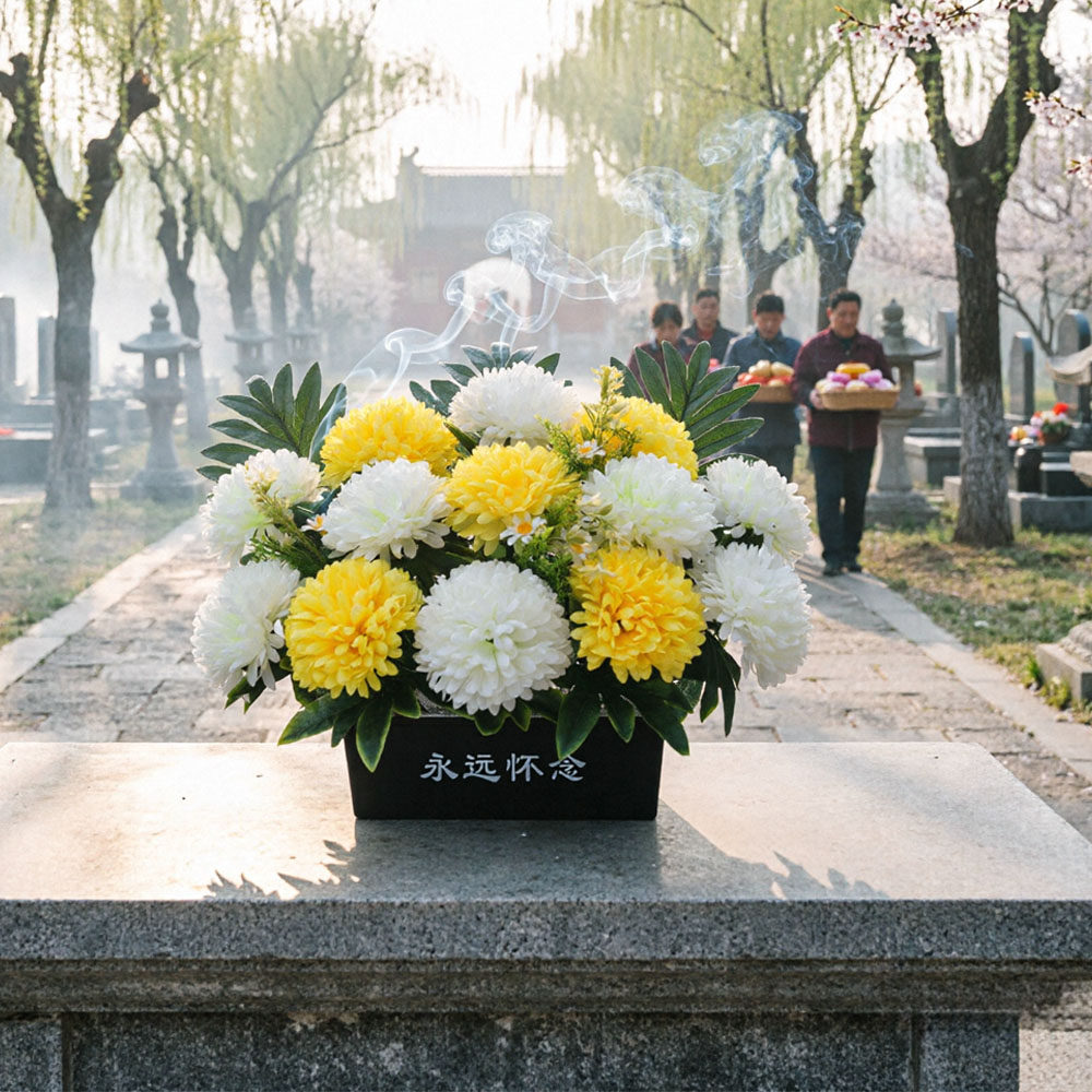 清明扫墓花百合菊花摆台祭祀花篮塑料仿真花成品摆墓地陵园清明花