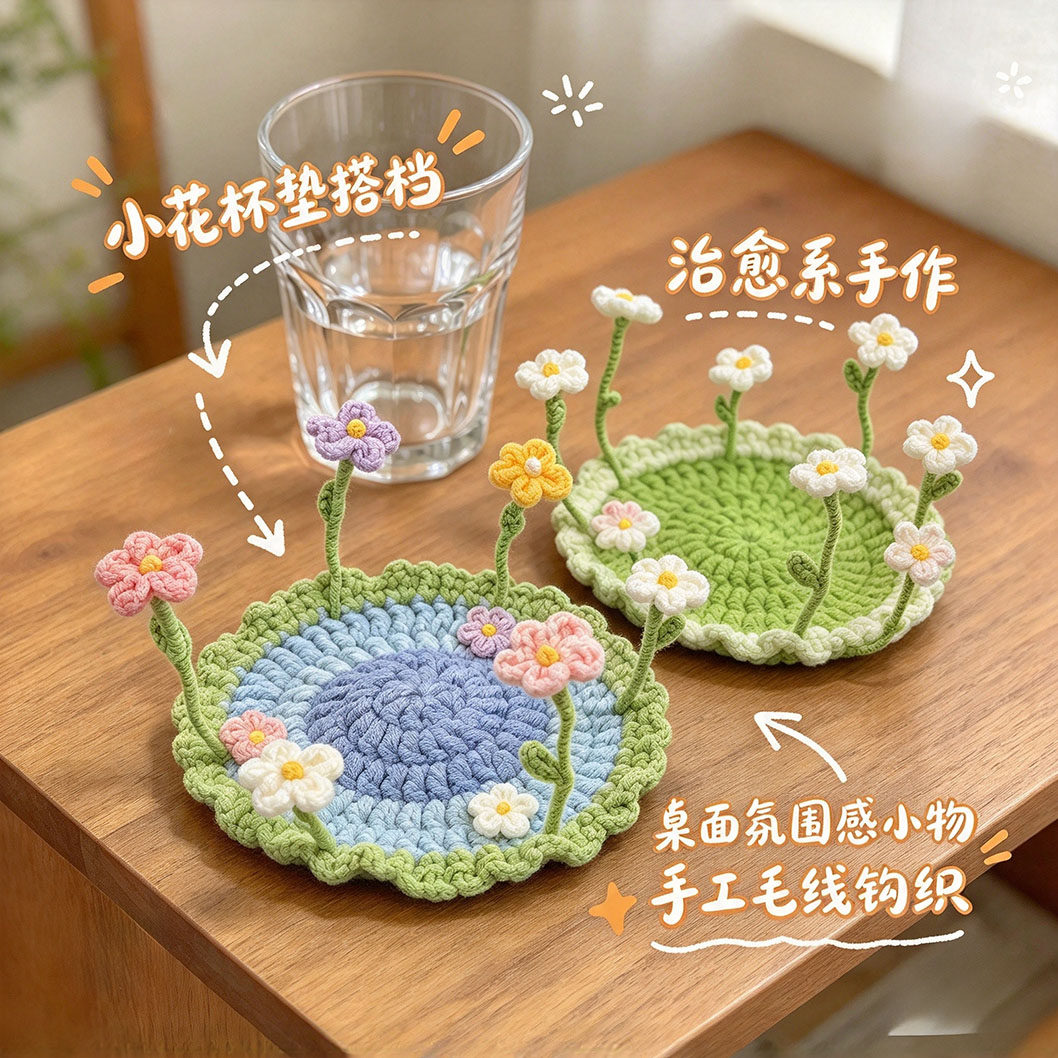 多巴胺小花花翻翻杯垫成品毛线手工编织diy钩材料包同款礼物红书