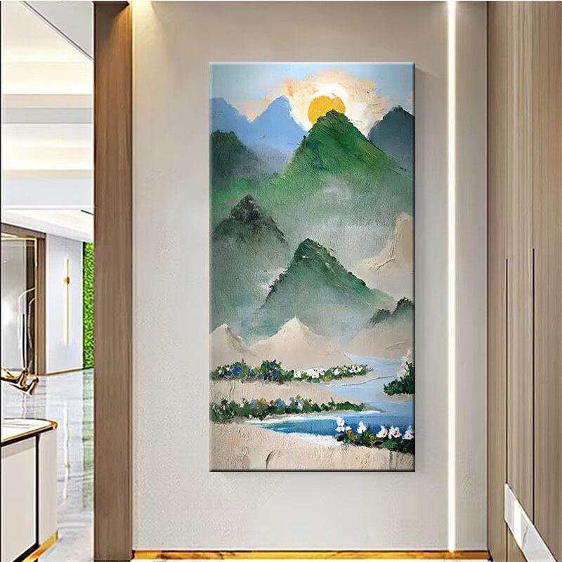 纯手绘油画山水风景画背有靠山日出玄关装饰画招财聚宝盆走廊挂画