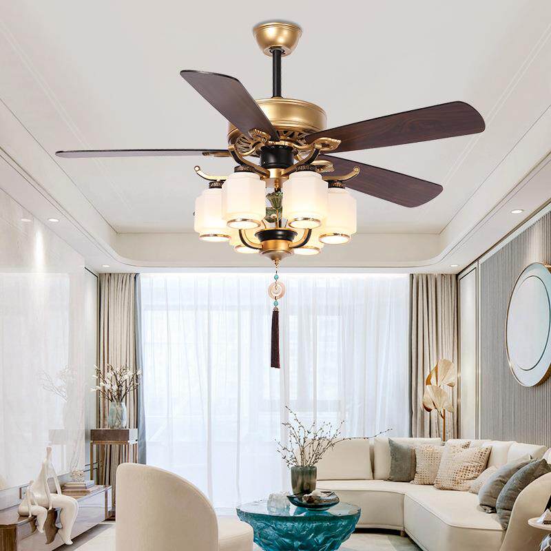 客厅餐厅茶楼卧室风扇灯木叶LED静音带风扇吊灯新中式仿古吊扇灯