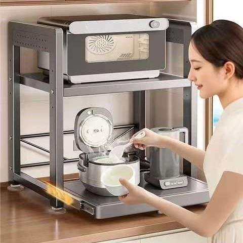 可伸缩厨房微波炉置物架抽拉式收纳架家用神器多层橱柜