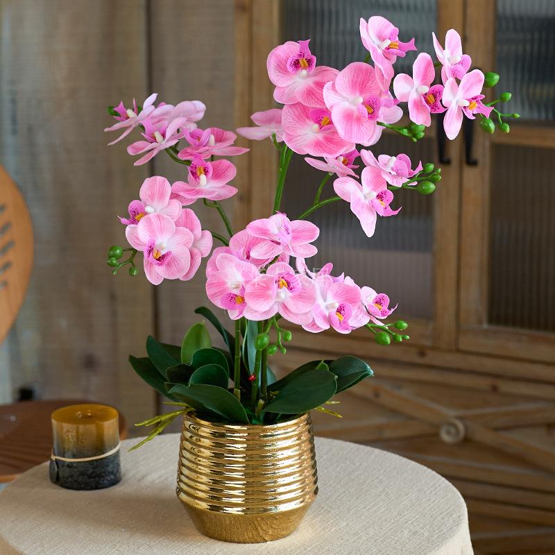 高档pu手感蝴蝶兰仿真花客厅摆件电视柜餐桌装饰摆设假花兰花盆栽