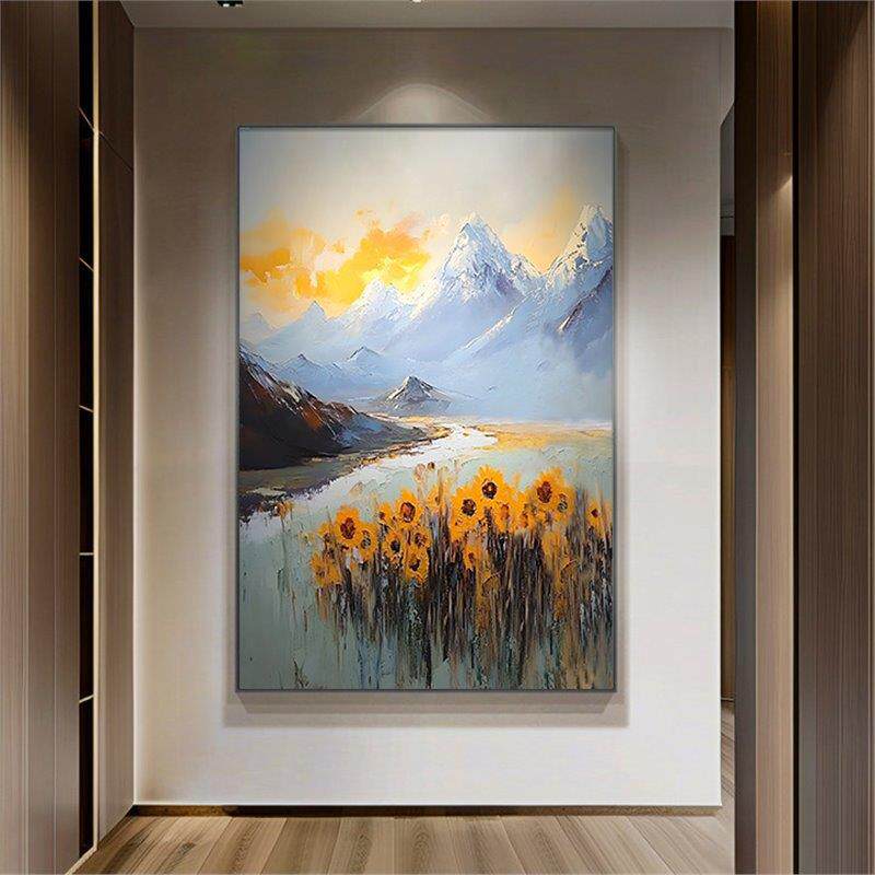 收藏级向日葵手绘油画雪山玄关肌理挂画现代简约风格客厅墙面装饰