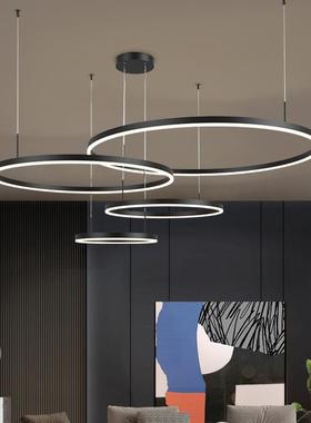 客厅吊灯现代简约创意黑色圆环大厅灯全光谱护眼轻奢卧室餐厅灯具