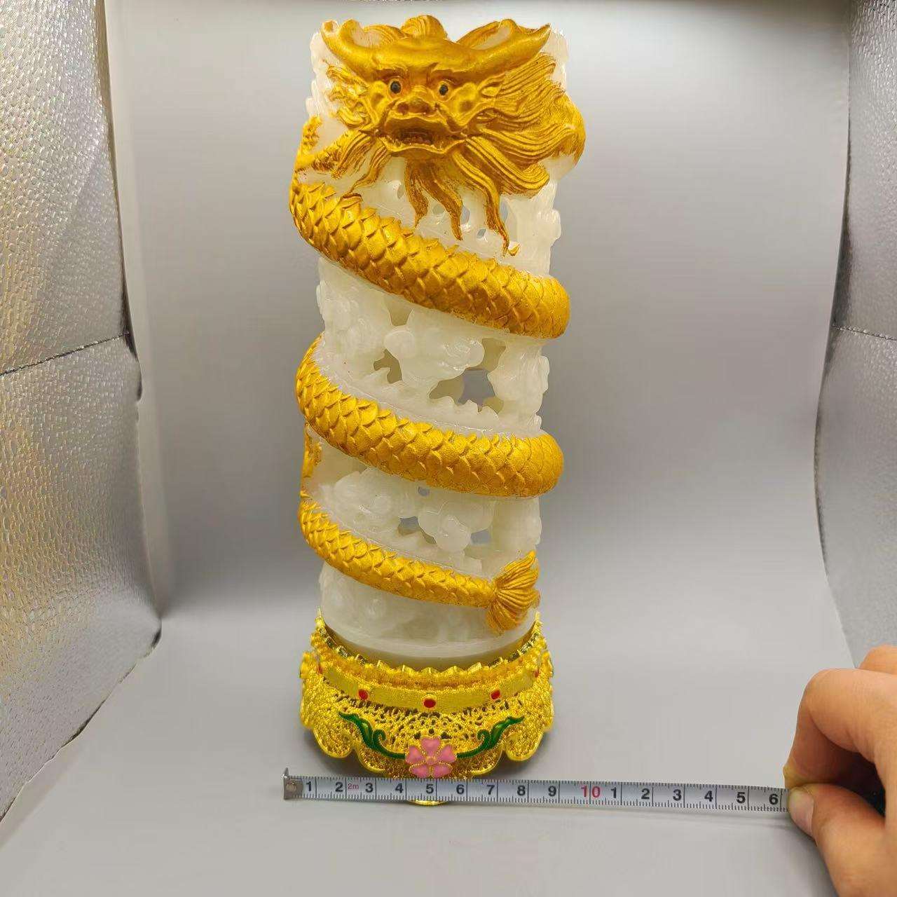 仿古夜光石镂空彩绘盘龙描金笔筒摆件古玩收藏家居装饰工艺品