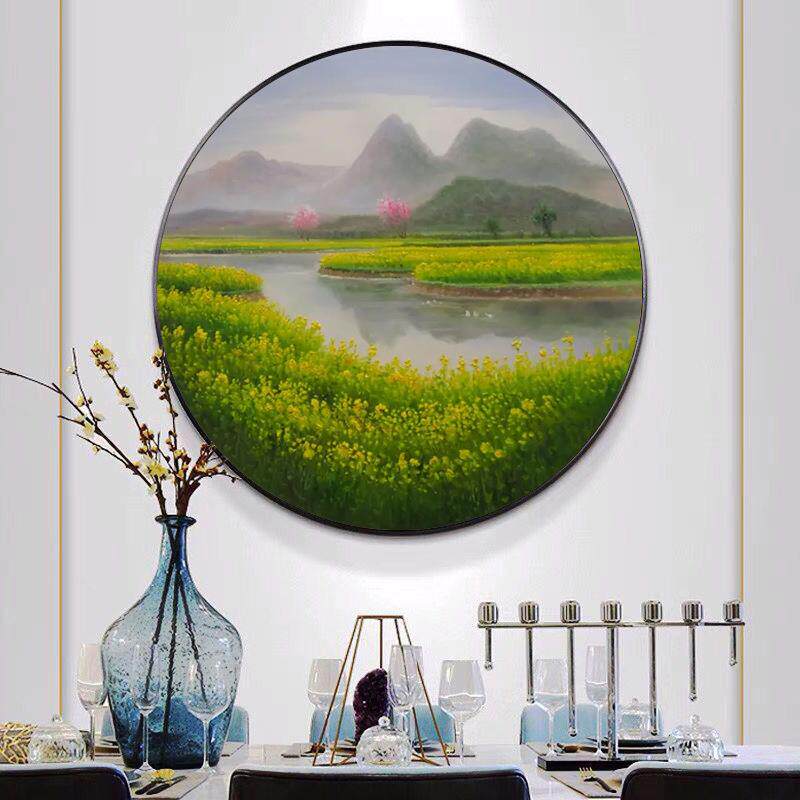 纯手绘油画玄关圆形风景装饰画手工绘制油菜花春天景色成品圆框画