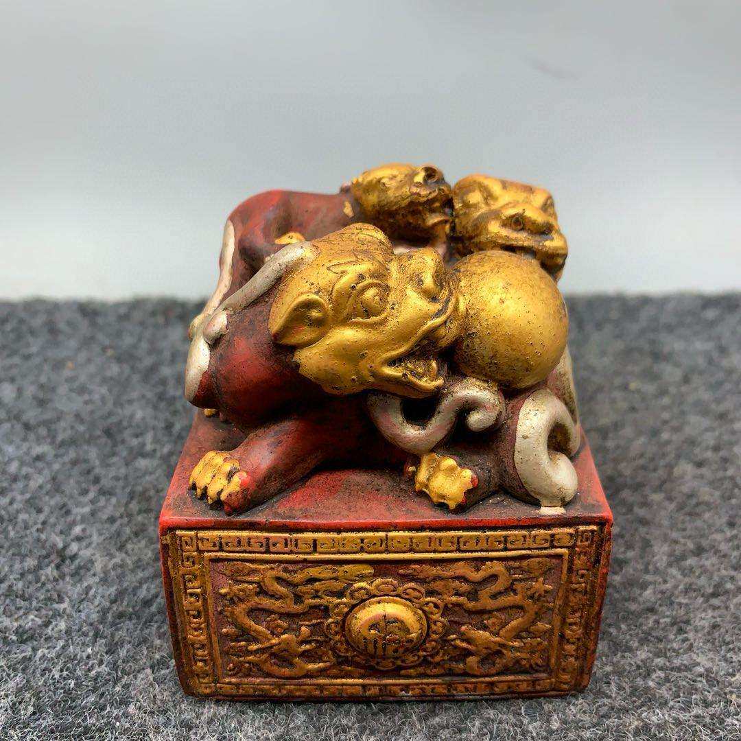 古玩仿古寿山石雕朱砂描金印章57八龙三貔貅玉玺摆件带字客厅装饰
