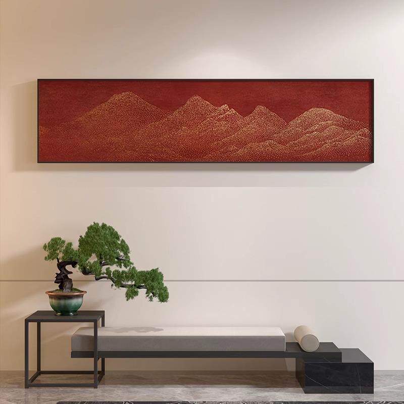 新中式横版装饰画红色抽象极简轻奢山水客厅茶室卧室床头壁画挂画