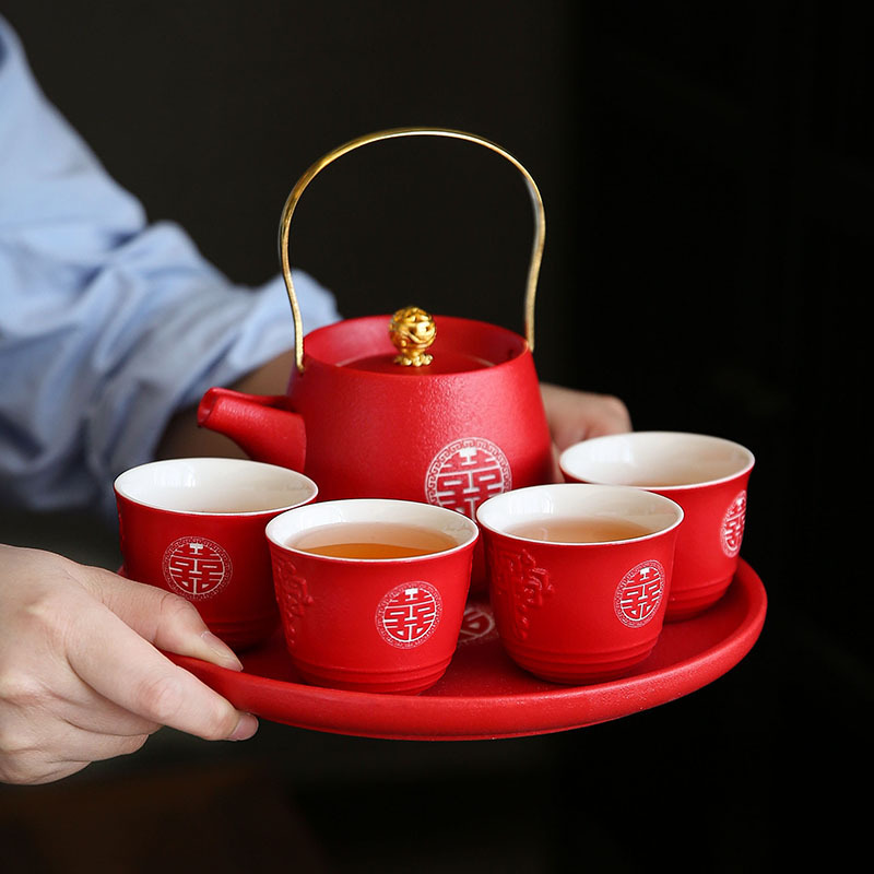 结婚敬茶杯茶具套装陶瓷红色提梁壶中式婚庆用品新娘嫁妆闺蜜礼物