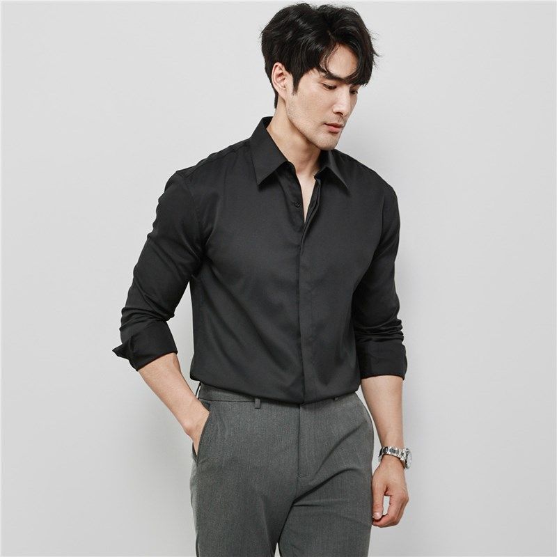 高级感商务男士黑色加绒衬衫免烫抗皱秋季休闲正装白色长袖衬衣男