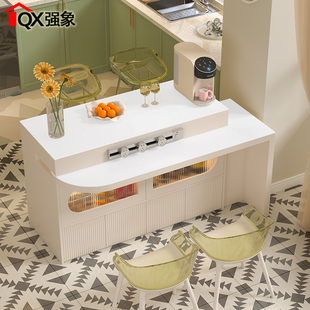 奶油风旋转伸缩岩板餐边柜岛台餐桌一体厨房隔断吧台饭桌家用E41