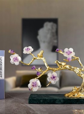 新中式紫晶花喜上枝头摆件大理石底座客厅玄关卧室家居软装饰品