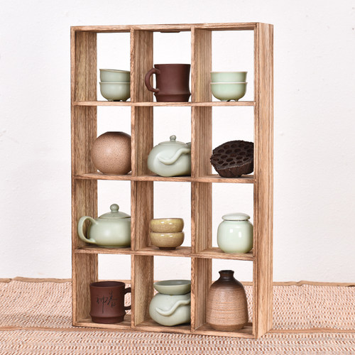 实木茶杯架子茶具架收纳柜茶壶茶杯D架 小博古架多宝格 轻烧12格