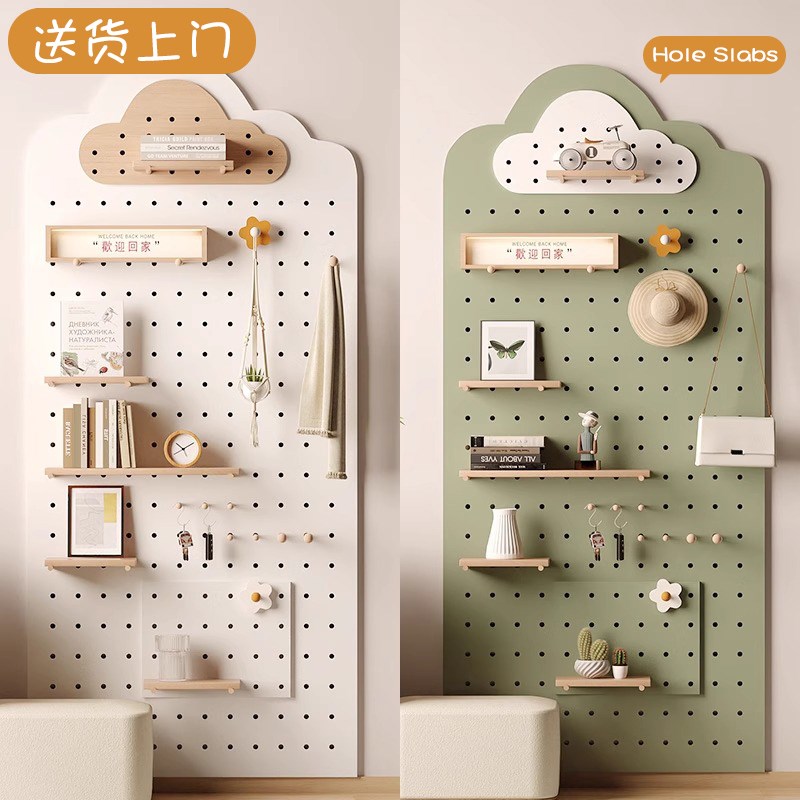 实木洞洞板置物架定制入户玄关墙上造型挂衣架一体书桌展示架挂板