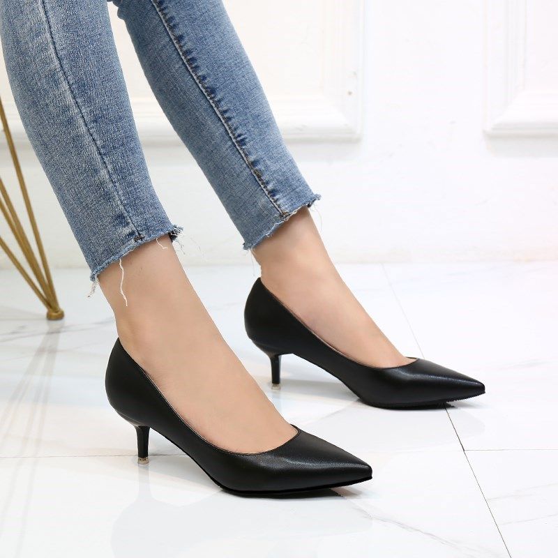 百搭小清新高跟鞋少女细跟网红单鞋秋中跟J低跟5cm浅口黑色职业鞋