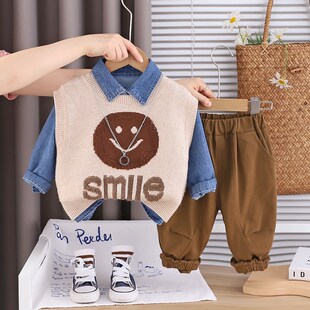 男童秋装2025新款洋气时髦儿童套装婴儿宝宝帅气毛衣马甲三件套潮