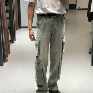 口袋工装 24ss 2.0 水洗重工I宽松蒋劲夫阔腿机能牛仔蓝高 神裤