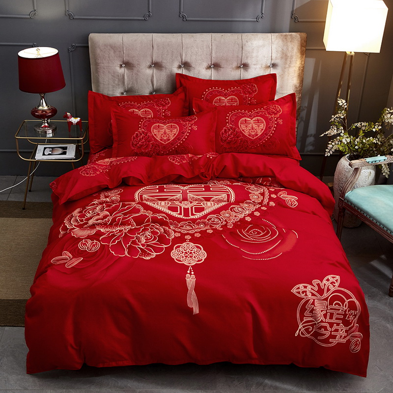新婚庆四件套全棉纯棉床上用品100支结婚红色系被套婚嫁床单4夏秋